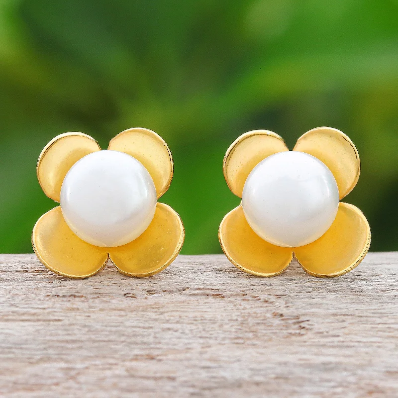 ---Eternal Blossom in Gold Thai Gold-Plated Cultured Pearl Button Earrings