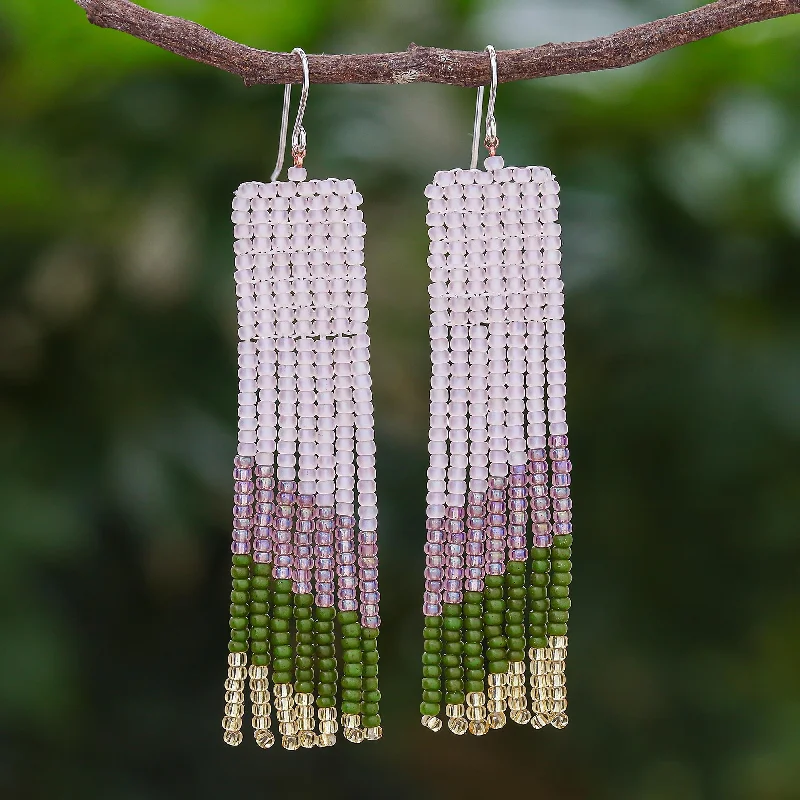 ---Modern Waterfall in Green Hand Beaded Waterfall Dangle Earrings Pink Green