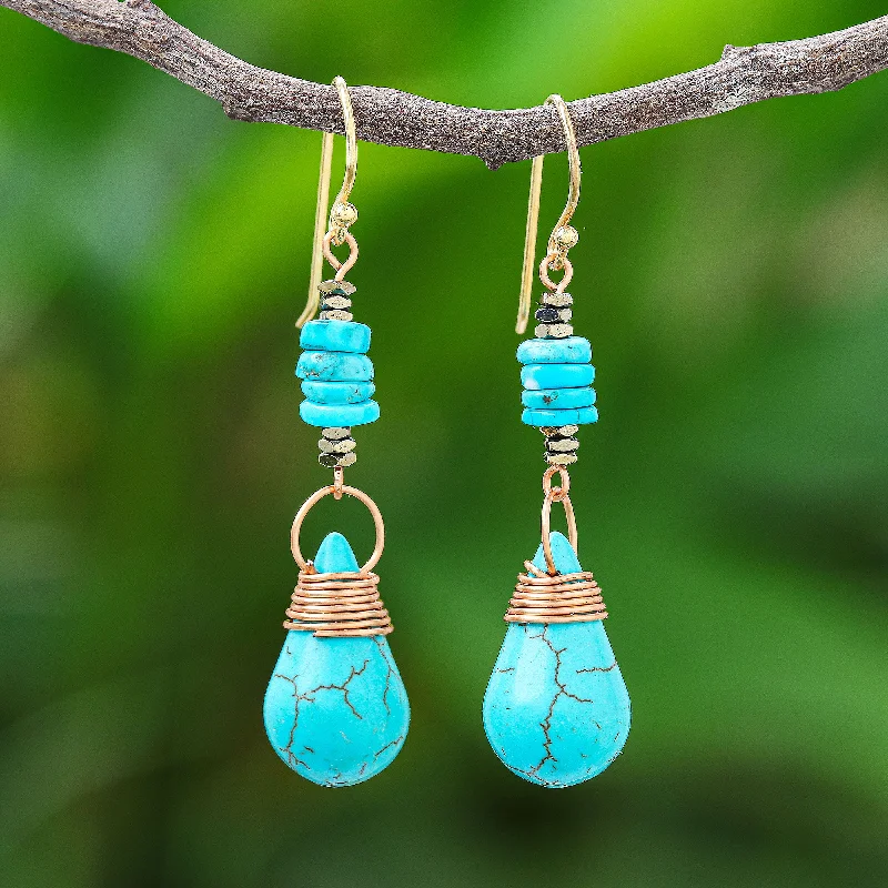 - Foldable and portable cat bagRainshower Howlite Pyrite Reconstituted Turquoise Dangle Earrings