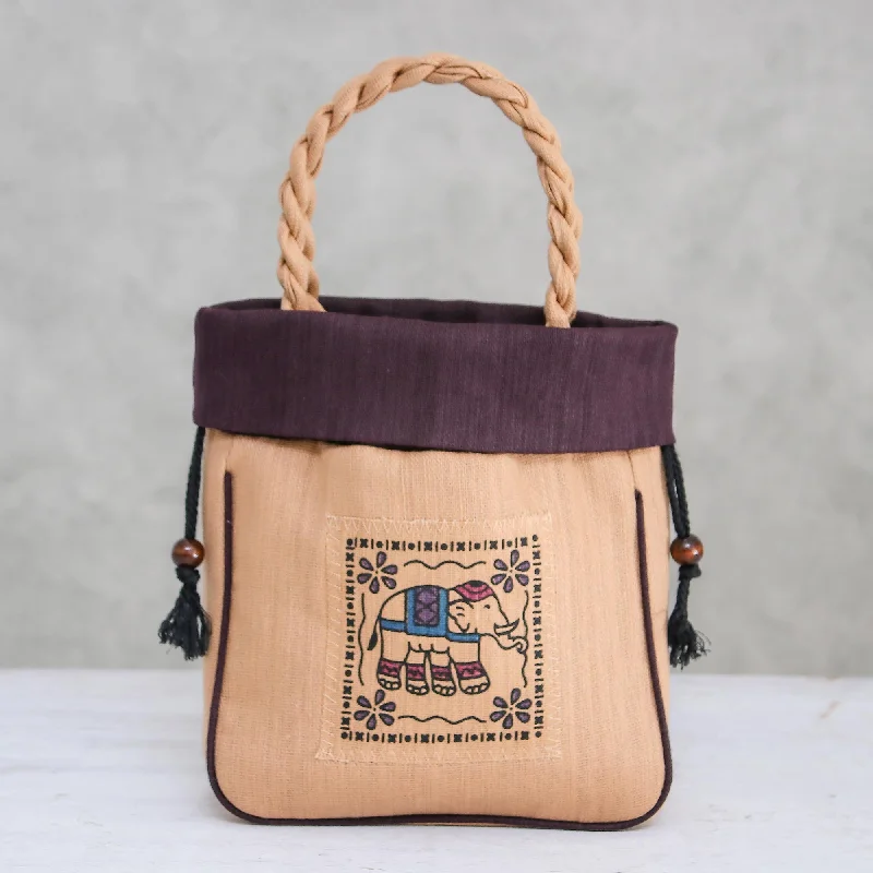 Pet ProductsElephant Caper in Purple 100% Cotton Tan and Purple Elephant Motif Cinch-Top Handbag