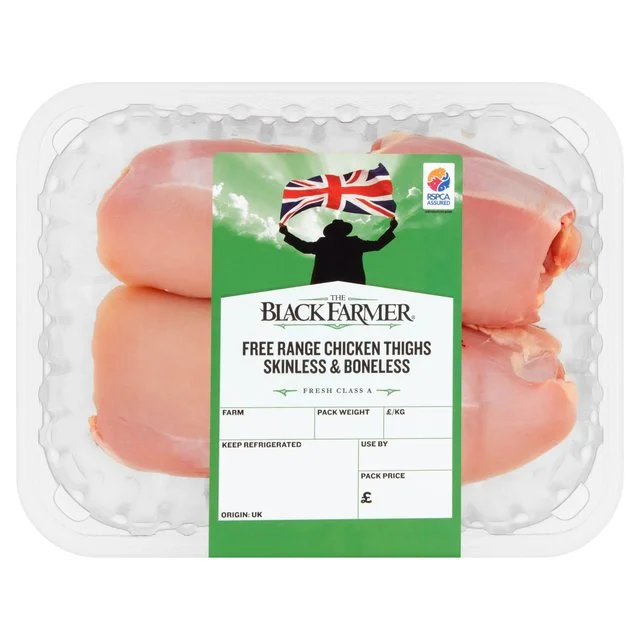 ---The Black Farmer Free Range Thigh Fillets Skinless & Boneless   Typically: 360g