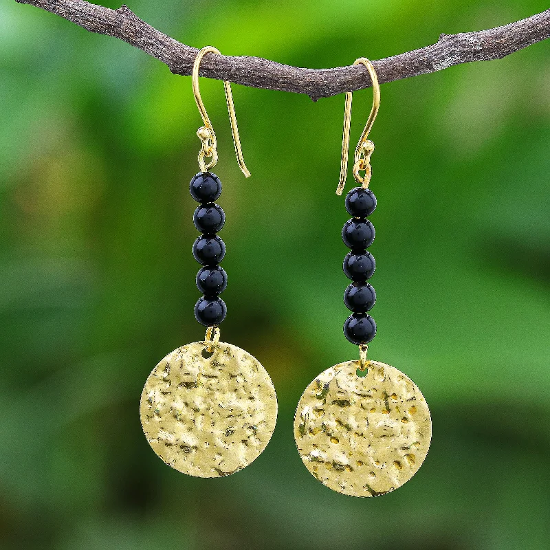 - Degradable pet feces bagGolden Coin in Midnight Black Onyx Bead and Brass Coin Dangle Earrings